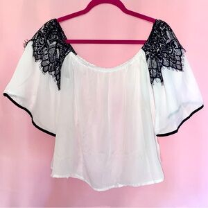 Black Lace and Sheer White Chiffon Off Shoulder Top Flowy Bell Sleeve Neutral XL
